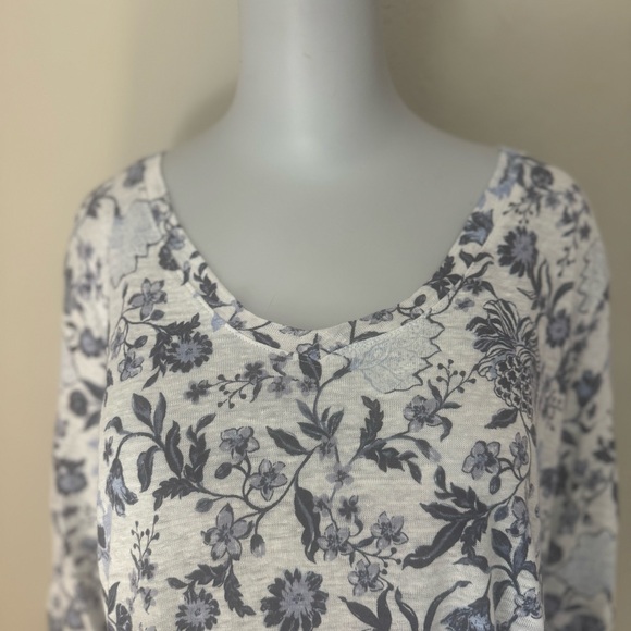 RACHEL ZOE 100% Linen Floral Knit Tunic Tee V-Neck Top 3/4 Sleeves Blue White - Picture 6 of 16